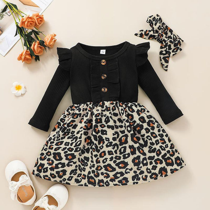 Gilrs Leopard Long Sleeve Skirt with Headband