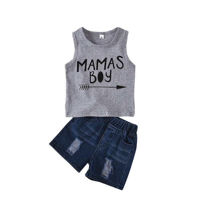 Sleeveless letter top washed hole denim shorts