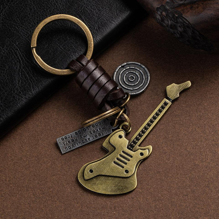 Vintage guitar leather metal Keychains creative small gift hand woven car Keychains pendant