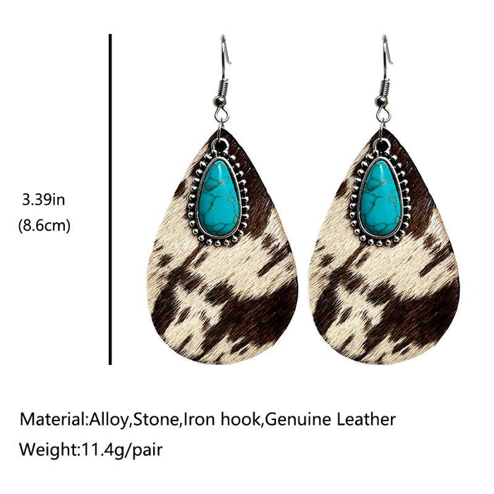 Western Animal Pattern Cowhide Earrings Water Drop Earrings