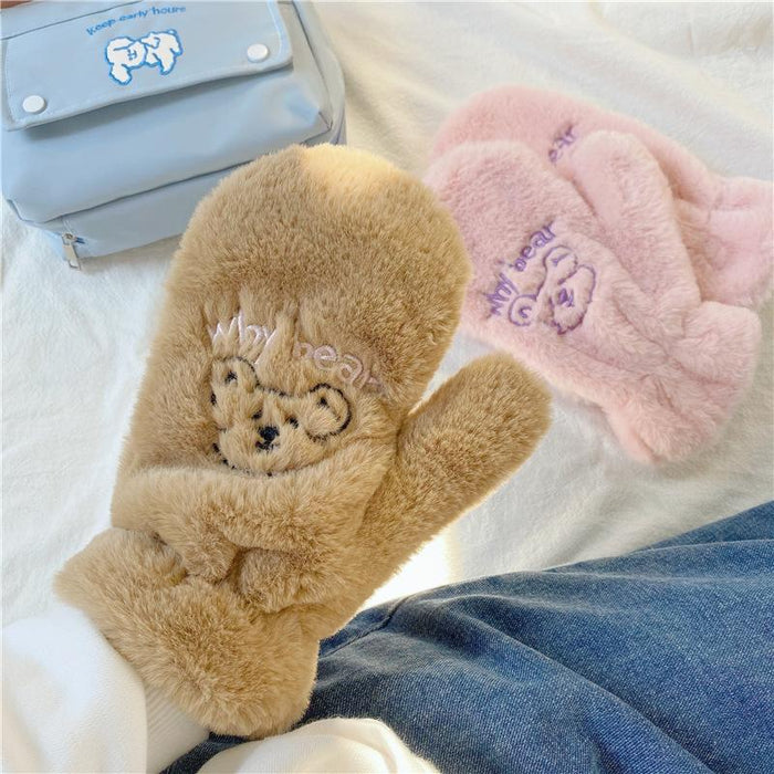 Bear Embroidery Soft Plush Gloves Women Winter Warm