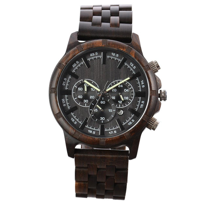 New Men's Multifunctional Business Luminous Large Dial Wood Quartz Watch