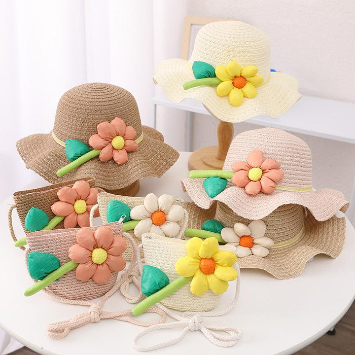 Trendy Three-dimensional Five-petal Flower Children's Wavy Straw Hat Bag Set