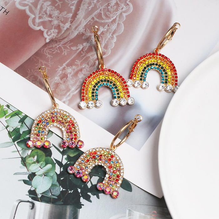 Female Jewelry Personality Versatile Rainbow Earrings Accessories Inlaid Rhinestone