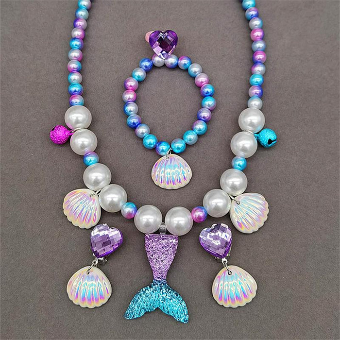 Beauty Fishtail Necklace Ring Earrings Children's Jewelry Set