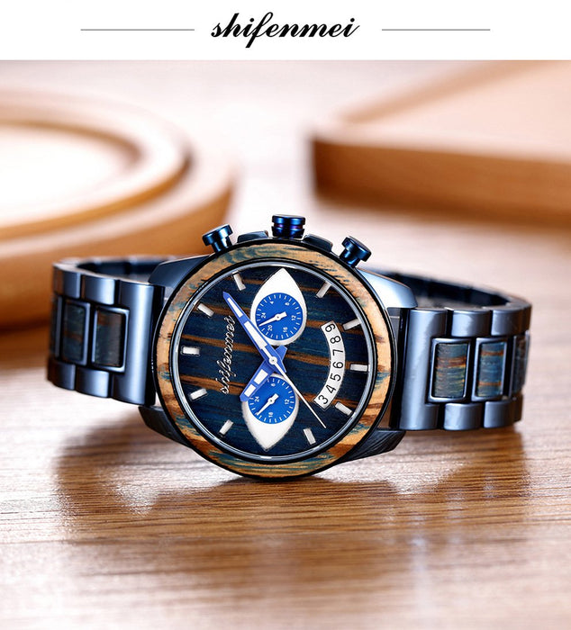 New Men's Wooden Fashion Smiling Face Steel Band Wristwatch