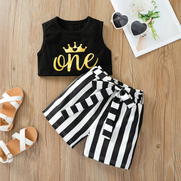 Solid colour letter printed vest short shirt fashion stripe bow two piece set