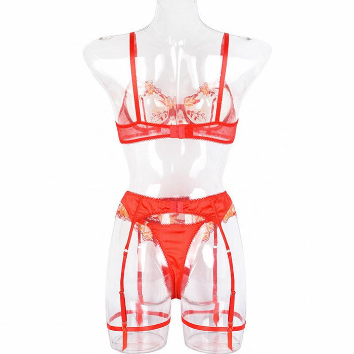 Red Embroidered Lingerie Lace Underwired Push Up Underwear