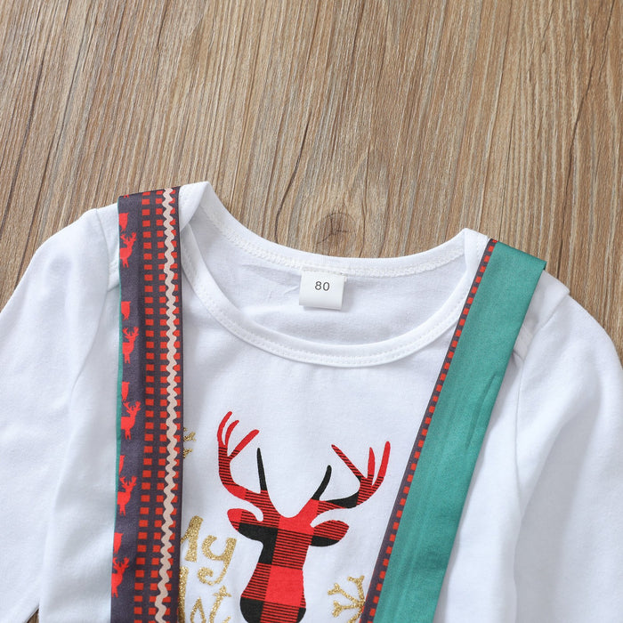 White letter deer long sleeved Khaki creeper striped suspender skirt