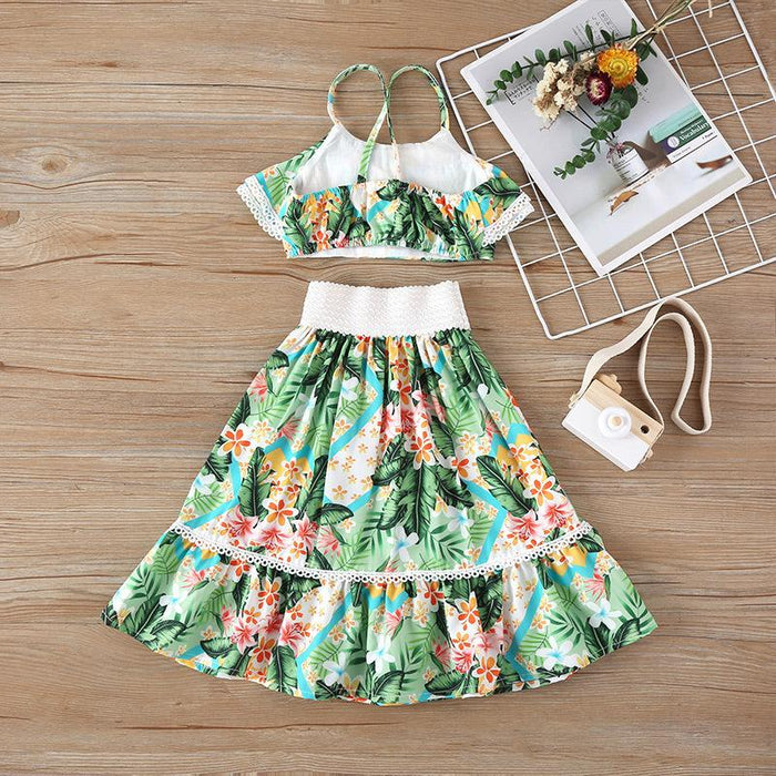 Suspender cross strap jacket flower skirt two pieces