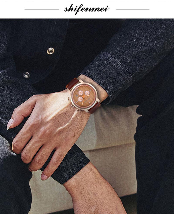 New Multifunctional Timing Fashion Sports Quartz Wood Watch Men