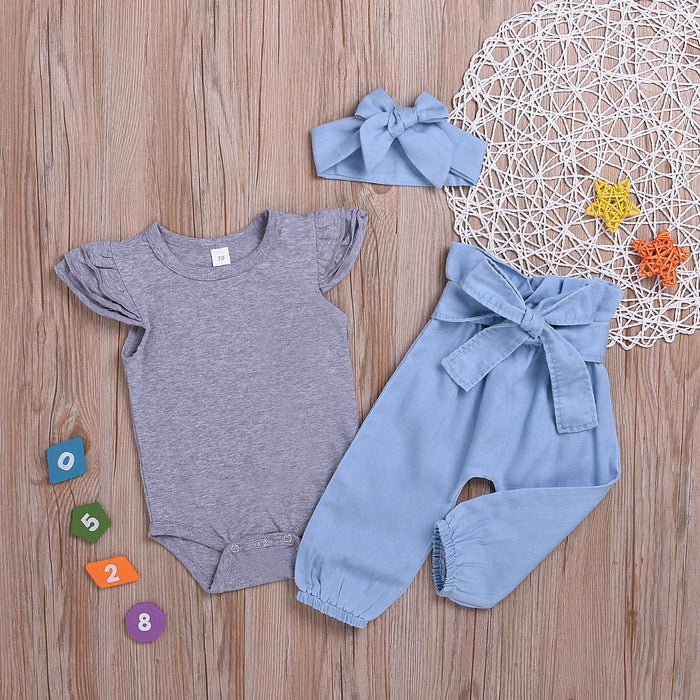 Girls' small flying sleeve khakis imitation denim waist pants hair hoop three piece set