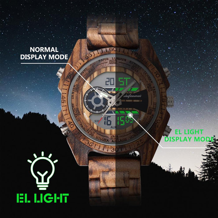 New LCD Dual Display Electronic Outdoor Sports Luminous Wooden Watch