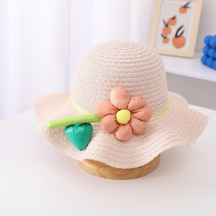 Trendy Three-dimensional Five-petal Flower Children's Wavy Straw Hat Bag Set