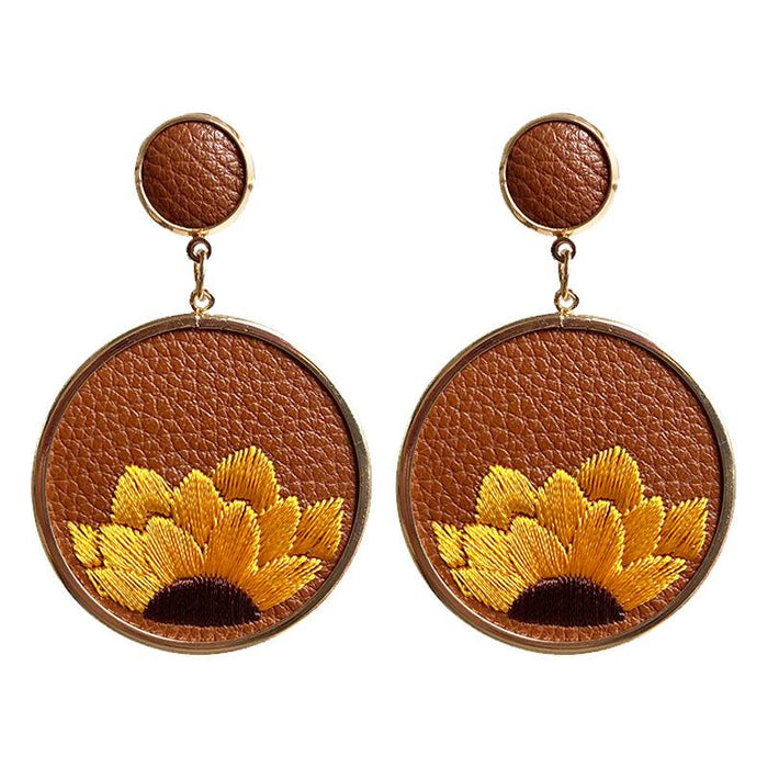 Leather Embroidered Sunflower Earrings