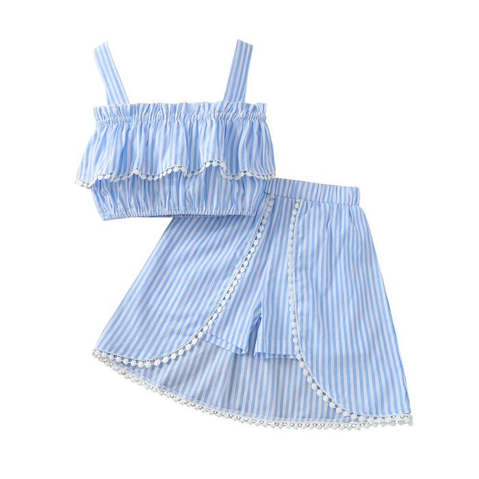 Suspender sky blue double layer tassel ball top striped skirt pants two pieces