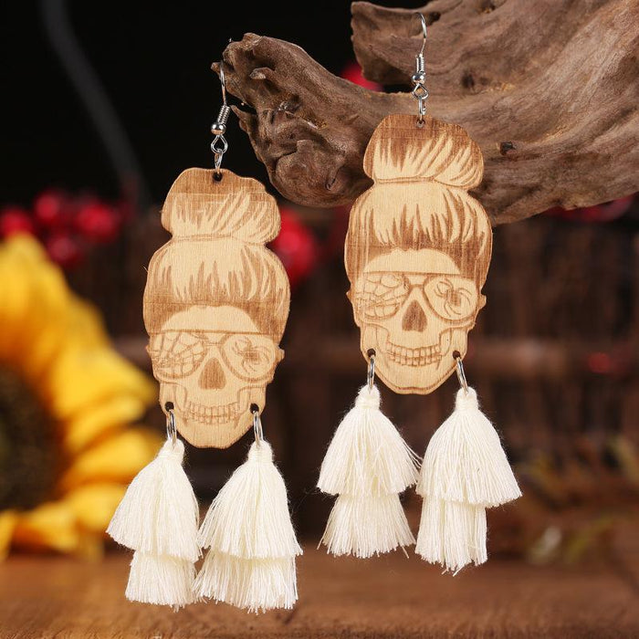 New Fringed Wooden Skull Spider Personality Lady Earrings