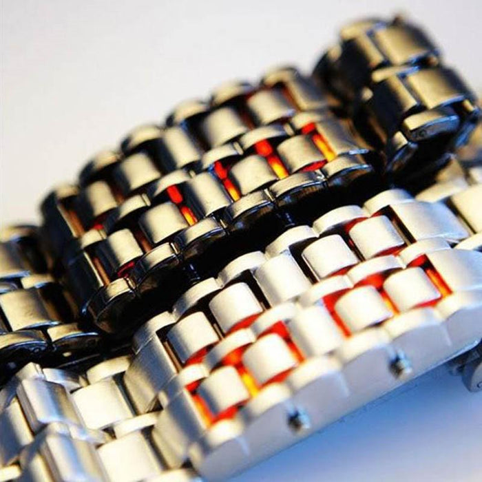Men Women Lava Iron Samurai Metal LED Faceless Bracelet Watch