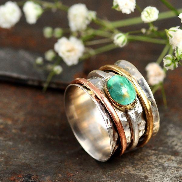 Bohemian Vintage Big Width Green Stone Rings