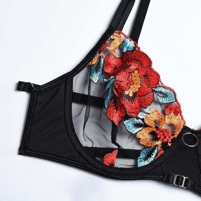 Women's Classic Embroidered Underwear Sexy Mesh Lingerie Set