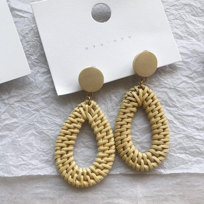 Geometric Circular Bamboo Rattan Woven Wooden Earrings