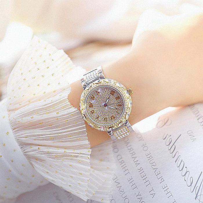 Fashion Stainless Steel Rhinestone Crystal Ladies Quartz Watch Dress Clock