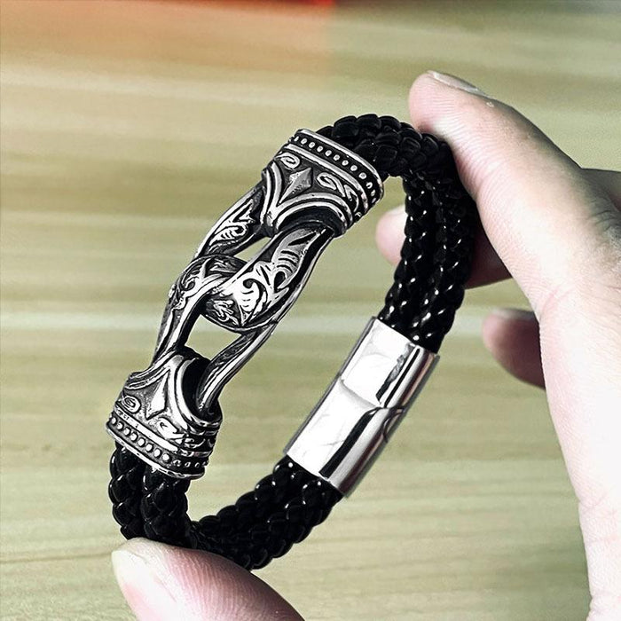 Titanium steel fashion carved Leather Bracelet Viking men's Bracelet