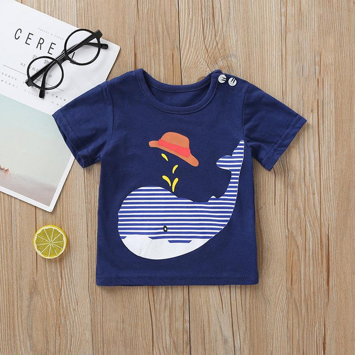 Boys' cartoon dolphin print T-shirt striped shorts two piece set