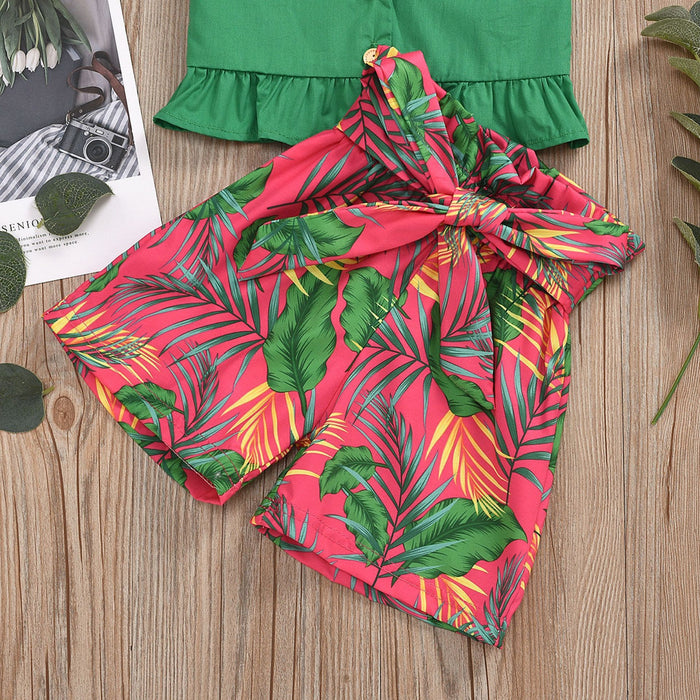 Suspender plant printed bow waist closing Shorts Set