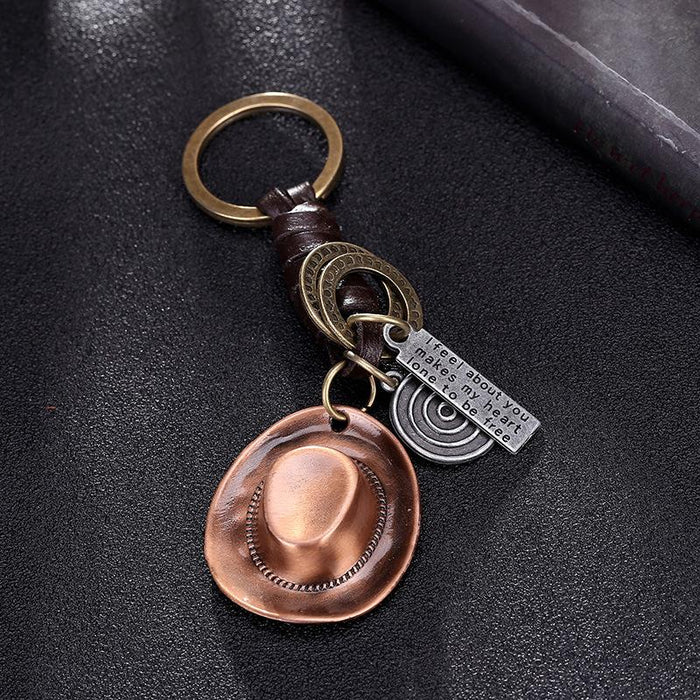 Vintage cowboy hat leather key chain creative small gift hand woven car key pendant
