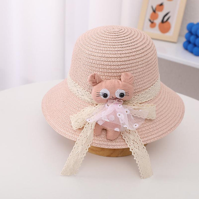 Summer Trendy Lace Cat Children's Grass Bucket Hat Bag Set