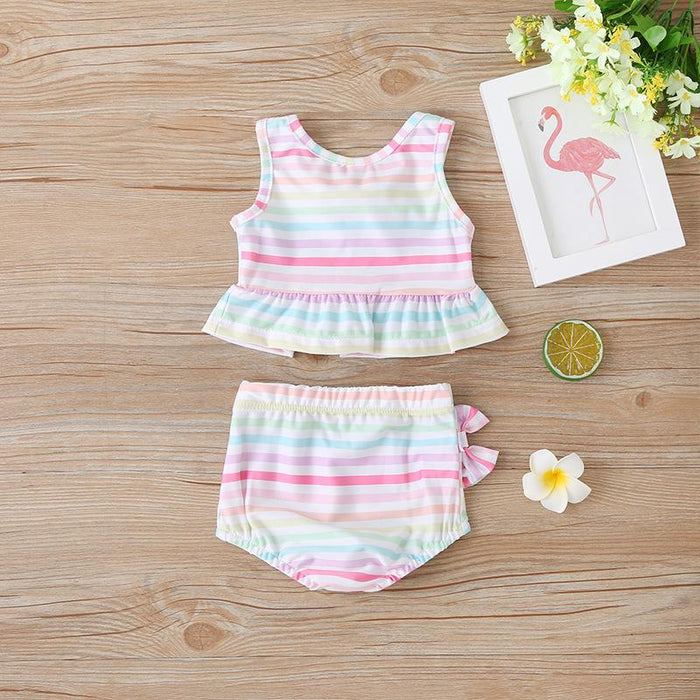 Girls Summer Split Swimsuit Color Stripe Bow Kid's Swimming Supplies