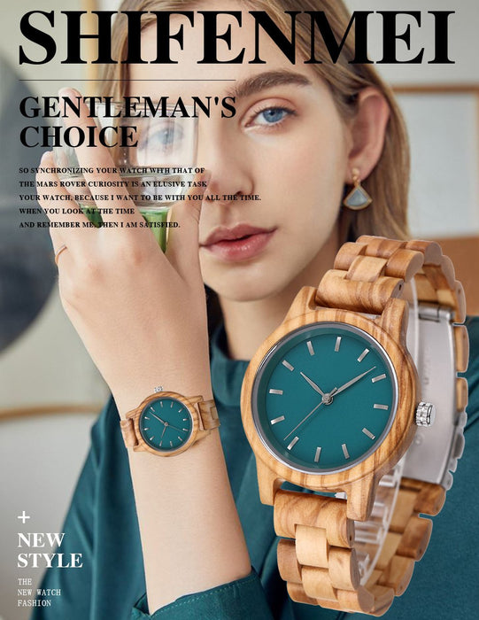 Fashion Premium Green Wooden Quartz Women's Watch