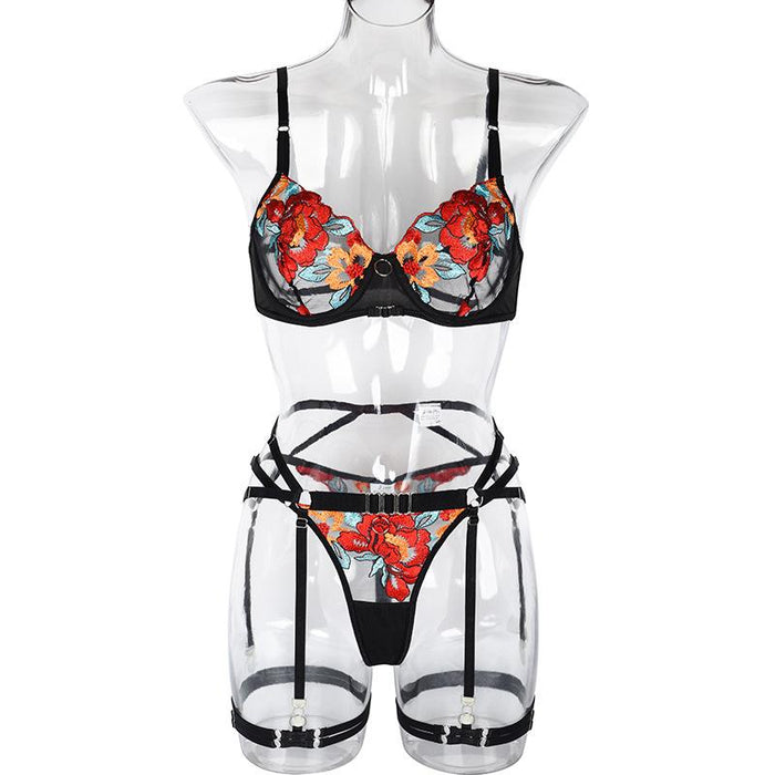 Women's Classic Embroidered Underwear Sexy Mesh Lingerie Set