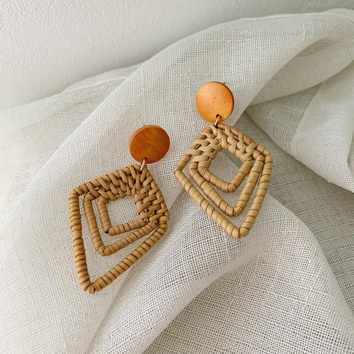 Wooden Handmade Rattan Geometric Earrings Female