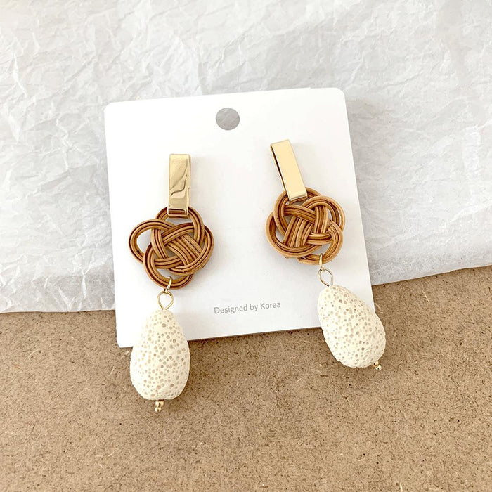 Temperament Knotted Rattan Long Volcanic Stone Earrings Jewelry