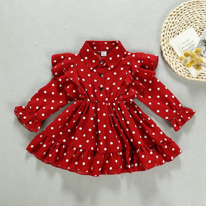 Girls' Long Sleeved Dot Dress Lapel Children's Skirt