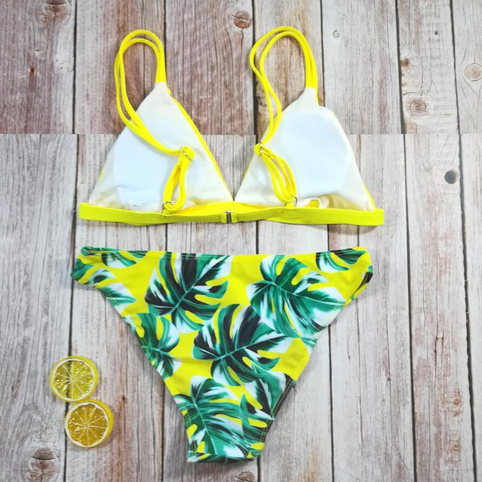 Sexy Green Leaf Printed Beach Split Swimsuit Bikini Swimsuit