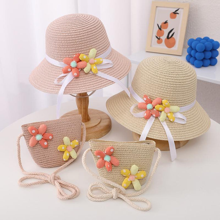 Summer Trendy Flower Streamer Children's Straw Hat Bag Set