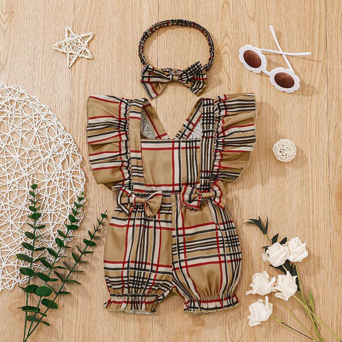 Baby Summer Plaid Headband Jumpsuit Set