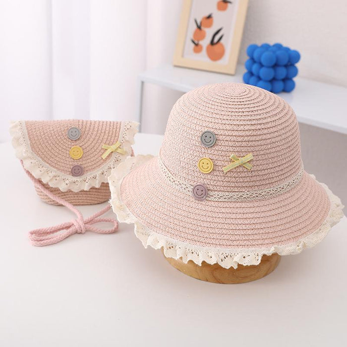 Trendy Three-color Button Children's Lace Straw Hat Bag Set