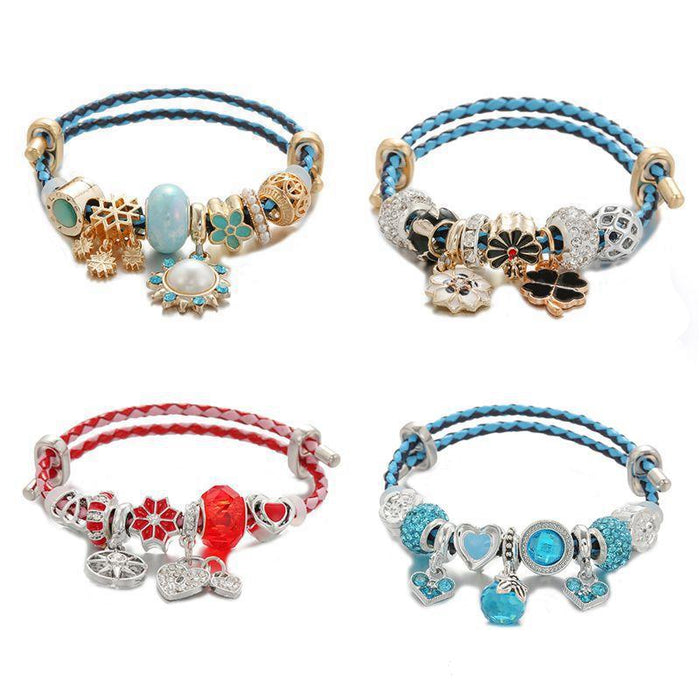 Colorblock Leather Cord Stretch Bracelet DIY Water Drop Pendant