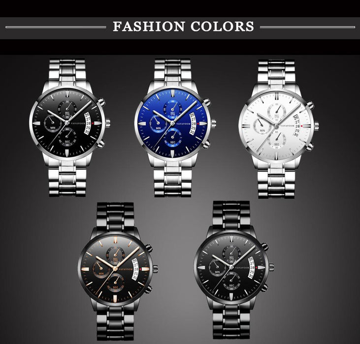 Mens Stainless Steel Band Business Casual Calendar Waterproof Quartz Watch