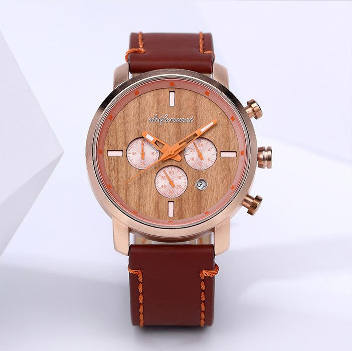 New Multifunctional Timing Fashion Sports Quartz Wood Watch Men