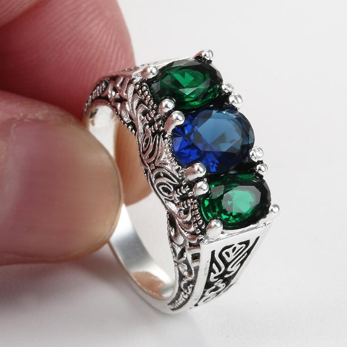 Luxury Fashion 3 Stone Women Jewelry Blue Zircon Rings