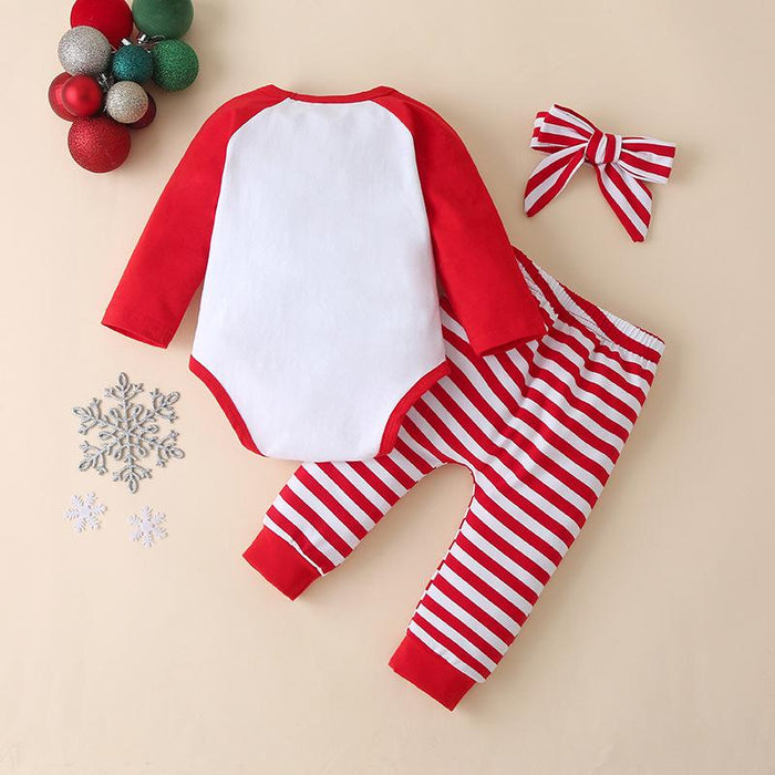 Printed letter Long Sleeve Striped triangle Khaki creeper pants three piece set