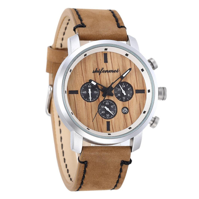 New Multifunctional Timing Fashion Sports Quartz Wood Watch Men