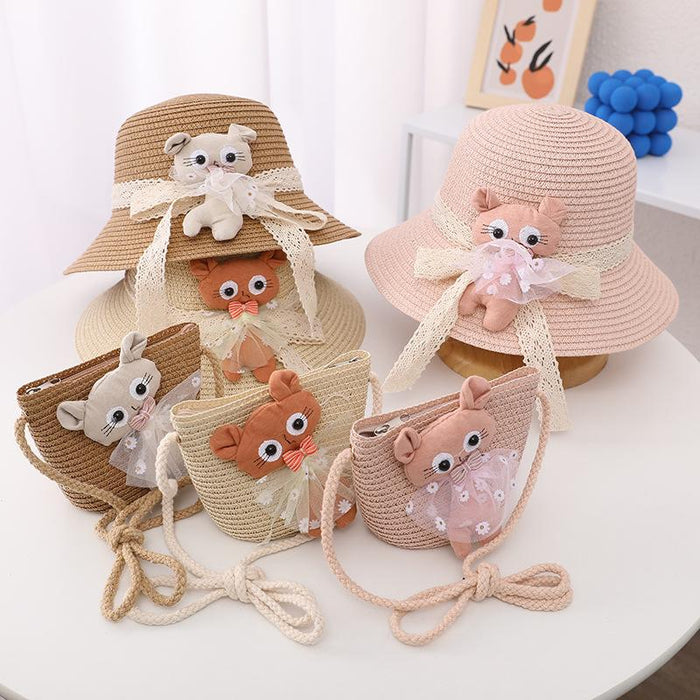 Summer Trendy Lace Cat Children's Grass Bucket Hat Bag Set