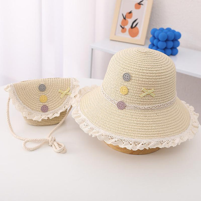 Trendy Three-color Button Children's Lace Straw Hat Bag Set