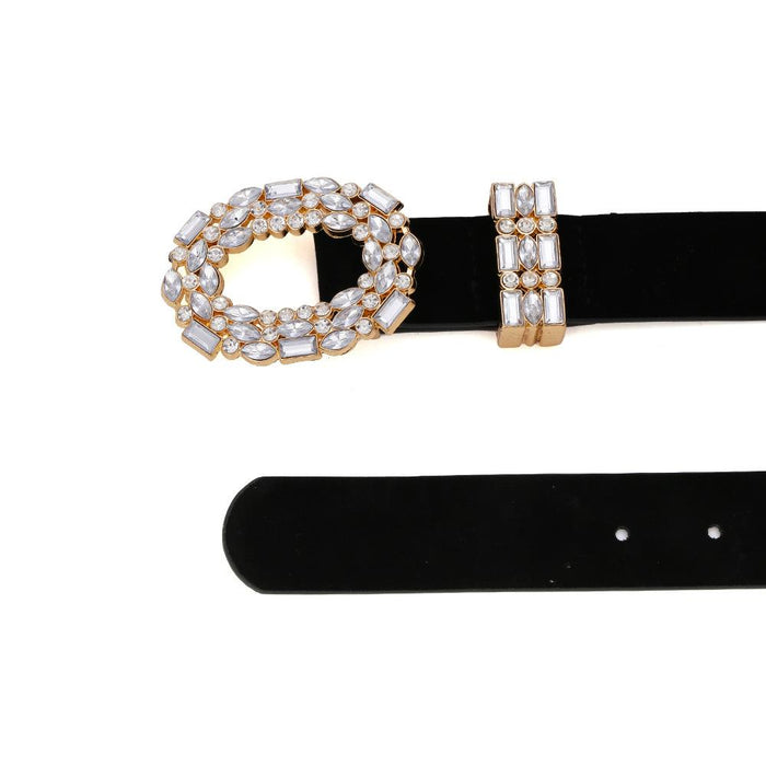 Hollow out alloy diamond studded belt snap suede belt